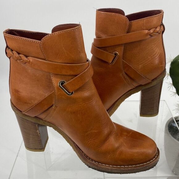 Mulberry Dorset Stacked Heel Buckle Ankle Boots Leather Cognac Size EU 38/ US 7‎ - Picture 2 of 16